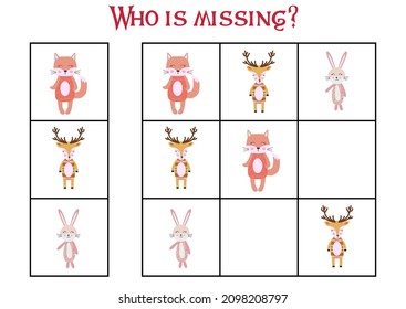 Children's game Find who is missing. Sudoku for kids. Children's puzzles. Educational game for children. Cute animals