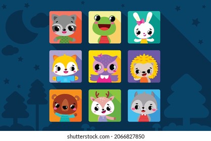 Children's game icons set. Various forest funny animals: bear, bunny, chanterelle, hedgehog, raccoon, fawn, frog, wolf, owl. Flat vector set.