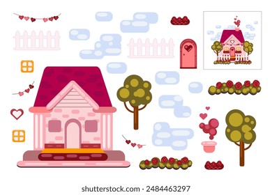 Childrens game kindergarten flat, repeat the image according to the example, cut out and glue the decoration elements of a cute pink fairy house.