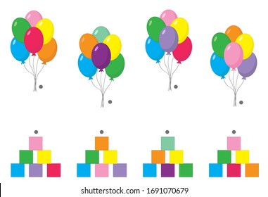 Children's game learning colors. Connect blocks with flowers and balloons. Entertainment activities for children. Vector illustration