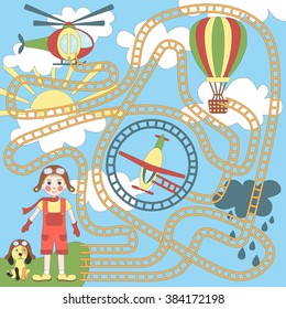 Children's game (maze): boy chooses air transport. Developing game for children. The picture shows: boy, plane, helicopter, air balloon, sky, clouds, dog