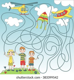 Children's game (maze): children start in the sky plane, helicopter and  kite. Developing game for children. The picture shows boy, girl, plane, helicopter, kite, sky, clouds.