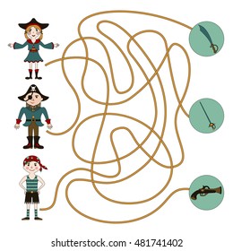 Children's game (maze): find a weapon for pirates. Developing game for children. The picture shows  male pirate, female pirate, sword, gun, dagger.