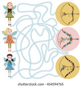 Children's game (maze): forest fairies are looking for bows and arrows. Developing game for children. The picture shows bow, arrow, girls fairies