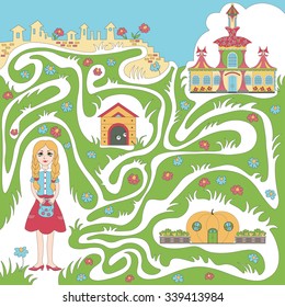 Children's game (maze): girl looking clothes shop. Developing game for children. The picture shows girl, flowers, shop, house.