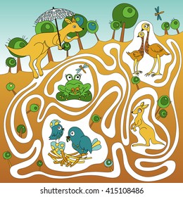 Children's game (maze): help mother kangaroo  to find baby kangaroo. Developing game for children. The picture shows kangaroo, frog, owls, birds in the nest.