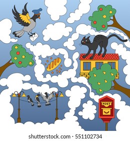 Children's game (maze): help pigeons to deliver the letter. Developing game for children. The picture shows: carrier pigeon, mailbox, apple, pear, cat, bird, bun.