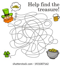 Children's game maze for St. Patrick's day. Help the Leprechaun untangle the tracks and find treasures. Kids activity with cartoon elements. Vector illustration