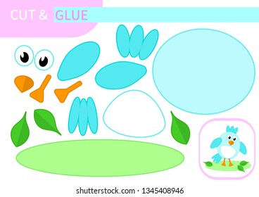 Children's game on paper "Cut and glue": simple, cartoon, cute blue bird, chick on a green meadow with leaves. Lesson for children