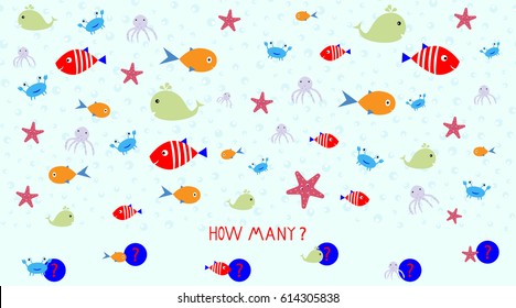Children's game puzzle calculate fish vector illustration