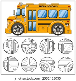 Juego para niños, rompecabezas. Autobús escolar. Encuentre y empareje la pieza correcta. Aislado sobre fondo blanco. Ilustración vectorial.