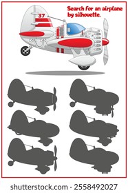 Children's game, puzzle. Search for an airplane by silhouette. Side view. Isolated on white background. Vector illustration.
