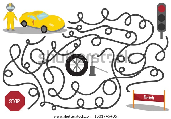 Children\'s game. Racer on the car. Choose\
the right road. Vector\
illustration.