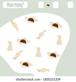 Children's game search in a cartoon style. Collection of children learning. Count how many items and write down the result. Preschool worksheet. Vector image. Sweets
