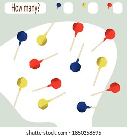 Children's game search in a cartoon style. Collection of children learning. Count how many items and write down the result. Preschool worksheet. Vector image. Sweets