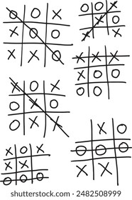 Children's game of tic tac toe. Several games played out of boredom, hand drawn hand written X's and O's. Some win, some lose. Balanced players, an equal amount of wins and losses. A tie. 