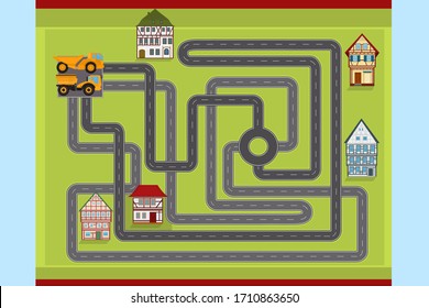 Children's game. Working cars drive on the road to the houses.