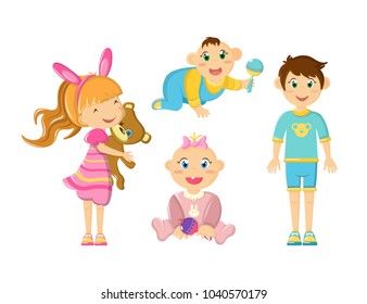 Children's games, active mobile outdoor games, fun activities and walks. Young and newborn children, in beautiful bright clothes, cute smile, hold their favorite toys. Illustration in cartoon style.