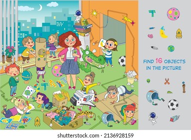 Children's games as astronauts  Children design  invent  draw  play  dream about flying into space  Vector illustration  Find 16 objects in the picture  Funny cartoon characters  