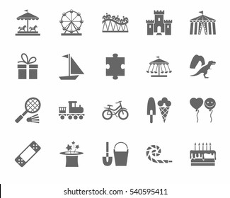 Children's games and entertainment, icons, monochrome, vector. Vector flat icons of items and objects for children. Children's rest. Gray image on a white background.  