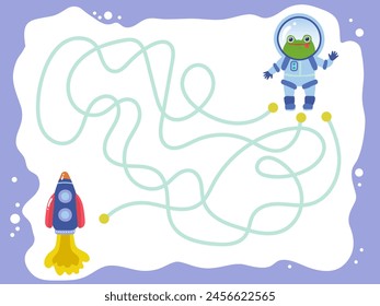 Children's games. A maze of an astronaut's frog and a rocket for preschool children. An educational logic game for children.