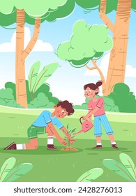 Childrens are gardening, planting flowers or vegetables. squatting around the plants while smiling cheerfully. vector illustration.