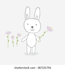 Children's gentle illustration, bunny and flowers. Gray background.  Cartoon style.