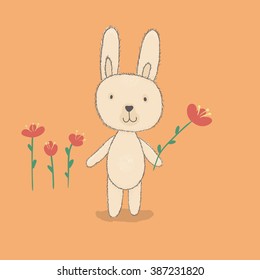 Children's gentle illustration, bunny and flowers. Orange background.  Cartoon style.