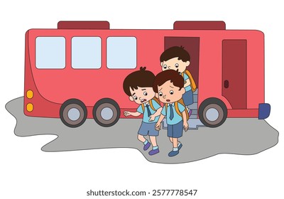 Children's getting off School Bus Vector Illustration