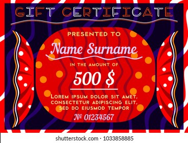 Children's gift certificate in the form of bright red candy on a dark background in a decorative style