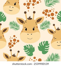 Childrens giraffe in flat style seamless pattern. Safari children’s animal for baby textile, cards, covers, wallpapers and baby design, clothes