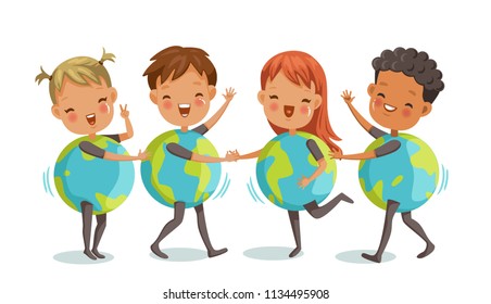 globo infantil. Cuatro lindos niños en una mascota. Actuado en el escenario de la escuela. Actividades comunes de niños y niñas. grupo de niños en el escenario. ilustración vectorial de dibujos animados fondo blanco aislado.