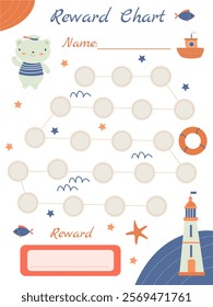 children's goal tracker reward with a marine theme with a bear and a lighthouse