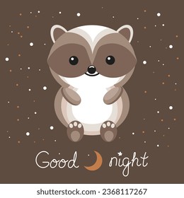 Children's Good Night card with a cute kawaii badger on a night background with the moon and stars. Cartoon illustration with calligraphy lettering. Vector