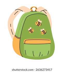 Children's green backpack with cute bees. Flat vector illustration.