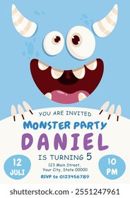 Tarjeta de felicitación de los niños, invitación de cumpleaños, fiesta del monstruo, partido, monstruo azul, Ilustración vectorial