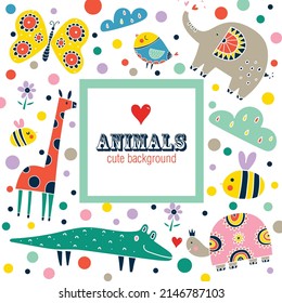 Children's greeting card with cute animals. Funny  illustration.