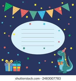 childrens greeting card with dinosaur. write congratulations to your friend