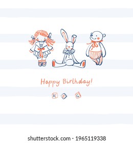 Children's greeting card with hand-drawn toys on the background of blue stripes. Cute style, delicate colors. Stock vector illustration.