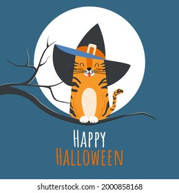 Children's greeting card or party invitation with vector illustration of a cute tabby cat in a witch hat on a full moon. Halloween background