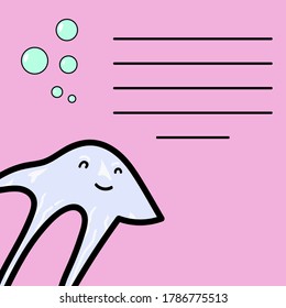 Children's greeting card is a water world with jelly fish and bubbles. A cartoon blue jellyfish smiles and looks at a place for text on a lilac background