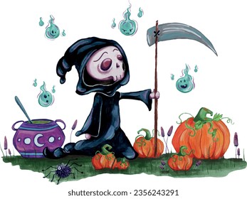 children's grim reaper with cauldron and Halloween pumpkins, hand painted with gouache