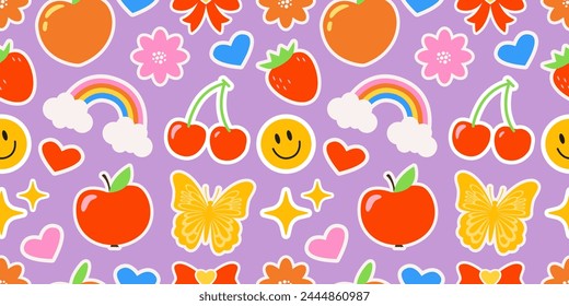 Children's groovy hippie pattern on purple background with emoji stickers: rainbow, flower, sparkle, butterfly, cherry, and smile labels.