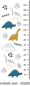 Children's growth chart with hand drawn dinosaurs, bushes and dots in doodle style. Cute vector illustration in scandinavian style. Children's meter wall. Height meter for children's room, wallpaper.