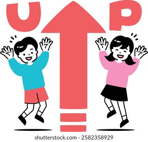 Children's growth_Boys and girls jumping with arms raised, smiling with joy at their improved grades