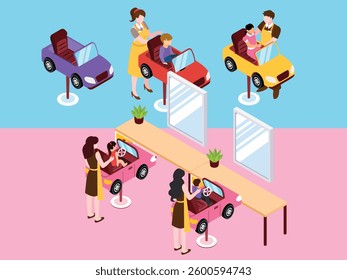 Children's Hair Salon with Car-Themed Seats 3d flat vector illustrations