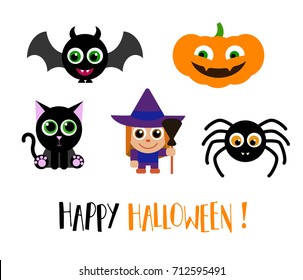 Children's Halloween characters. Flat style vector. Lovely Monsters. Bat, Mage, Witch, Spider, Pumpkin, Cat. 