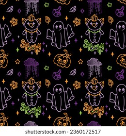 Children's Halloween characters. Happy Halloween. Seamless pattern on a black background. Vector.