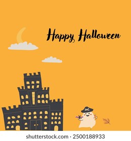 Childrens Halloween Holiday greeting card or invitation. Square template. Happy Halloween celebration design with cute character - ghost in pirate costume. Trick or treat party template.