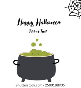 Childrens Halloween Holiday greeting card or invitation. Square template. Happy Halloween celebration design with pot. Trick or treat party template.